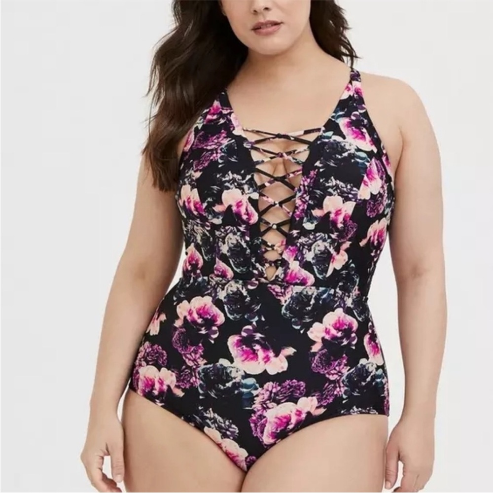 Torrid Pink and Black Floral Strappy One Piece Swimsuit